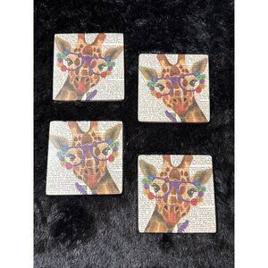 Set Of 4 Giraffe Coasters With Glasses Printed On Text Background Cork Backing